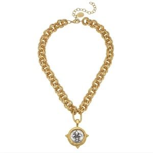 SUSAN SHAW MIXED METAL FLEUR-DE-LIS INTAGLIO DOUBLE LINKED CHAIN NECKLACE